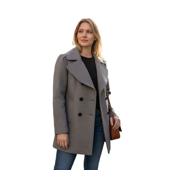 Guess Wool Pea Coat Womens Sz S Gray Double Breasted Large Lapel Collar Preppy - Picture 1 of 16